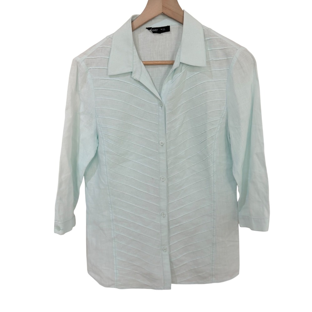 Lafayette 148 New York Linen Button Down Shirt 4 Aqua Pintuck 3/4 Sleeve